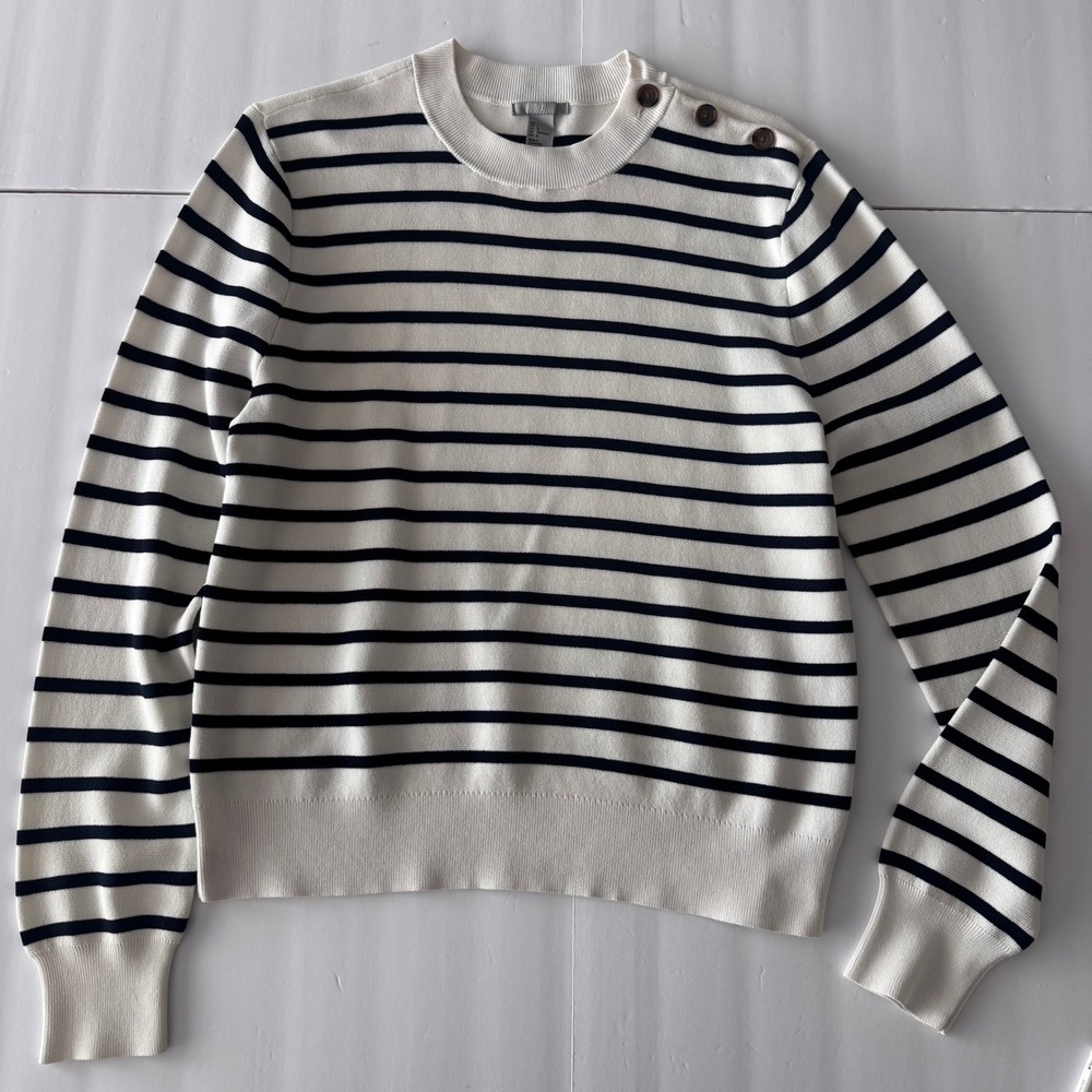 HM Women Navy Blue Cream Striped Button Shoulder Knit Sweater Large 0609605 7